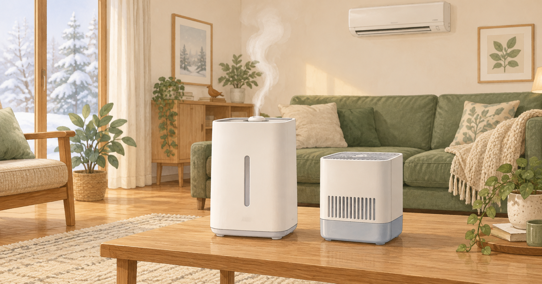 暖房用エアコンのある居間と、スチーム式と気化式をイメージした二つの加湿器のイラスト